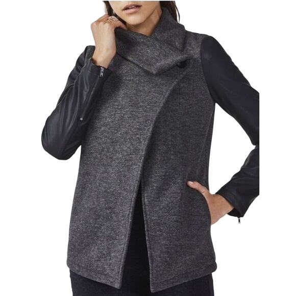 Fabletics Women's Milano Coat Large Gray Black Faux Leather Zip Sleeves Jacket - Picture 3 of 11